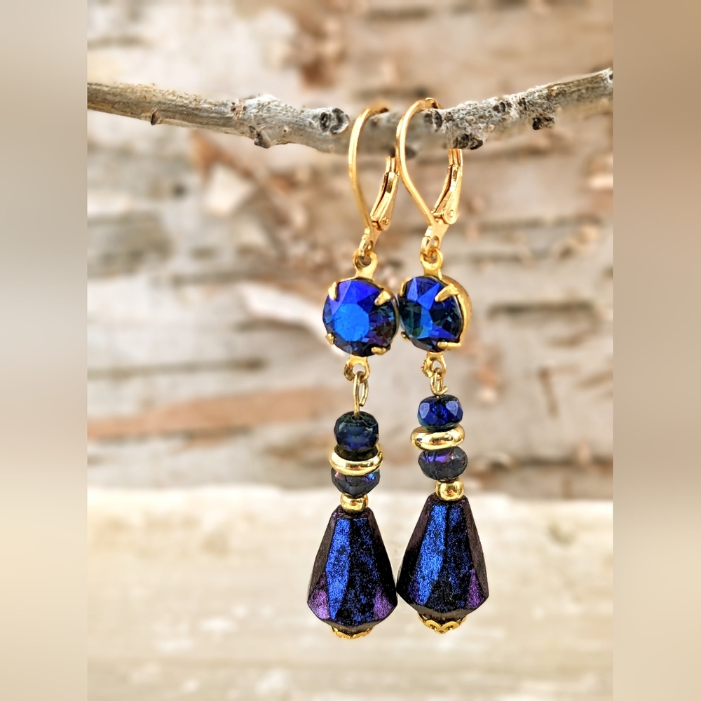 Victorian Mettalic Cobalt Blue Swarovski Crystals In Dangle Gold Plated Earrings